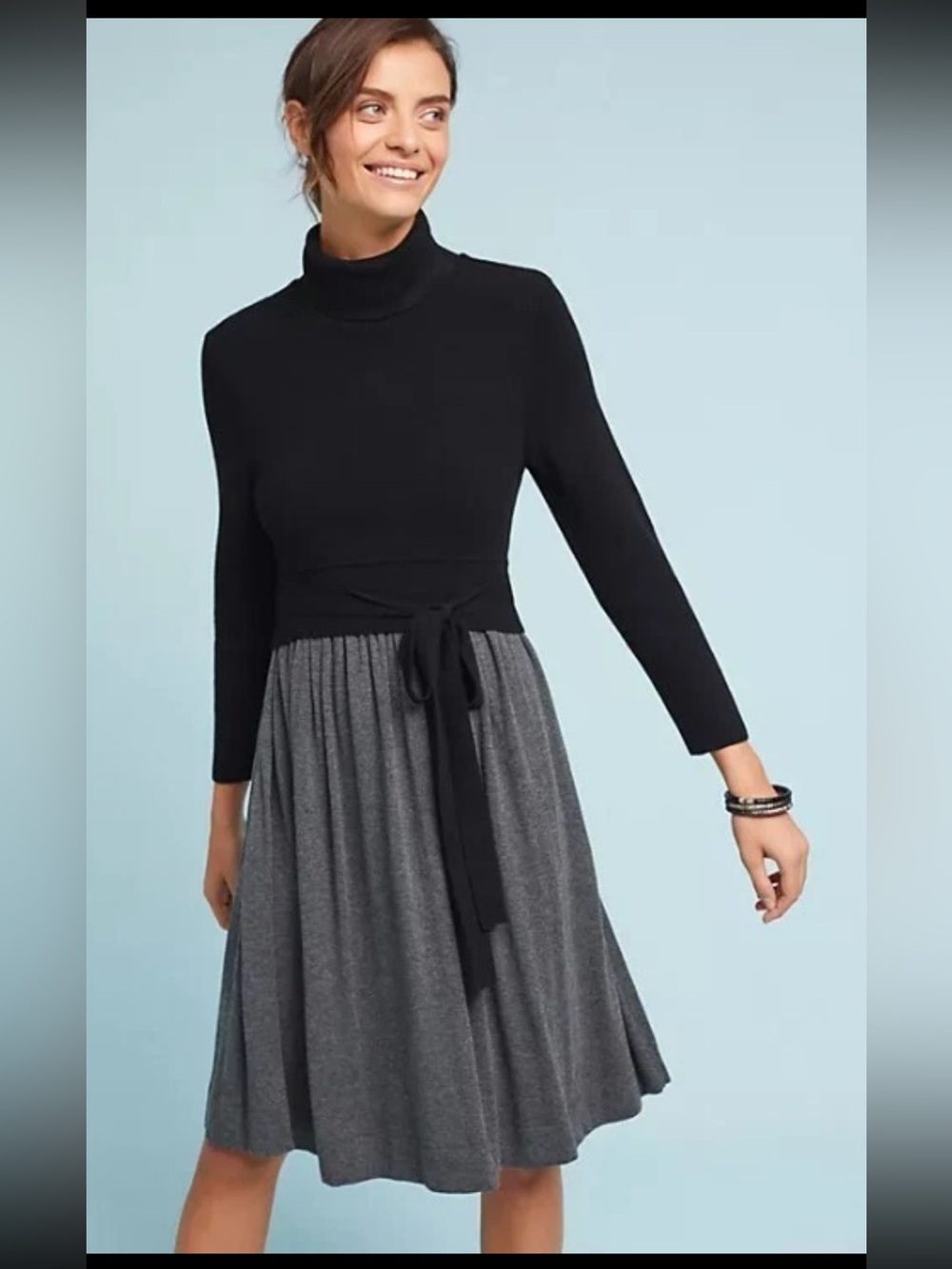 Anthropologie Moth Ballet Knit‎ Turtleneck Sweater Dress LARGE LP Black Pockets
